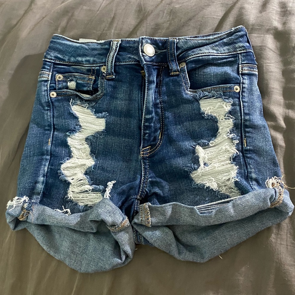 American Eagle distressed blue shorts